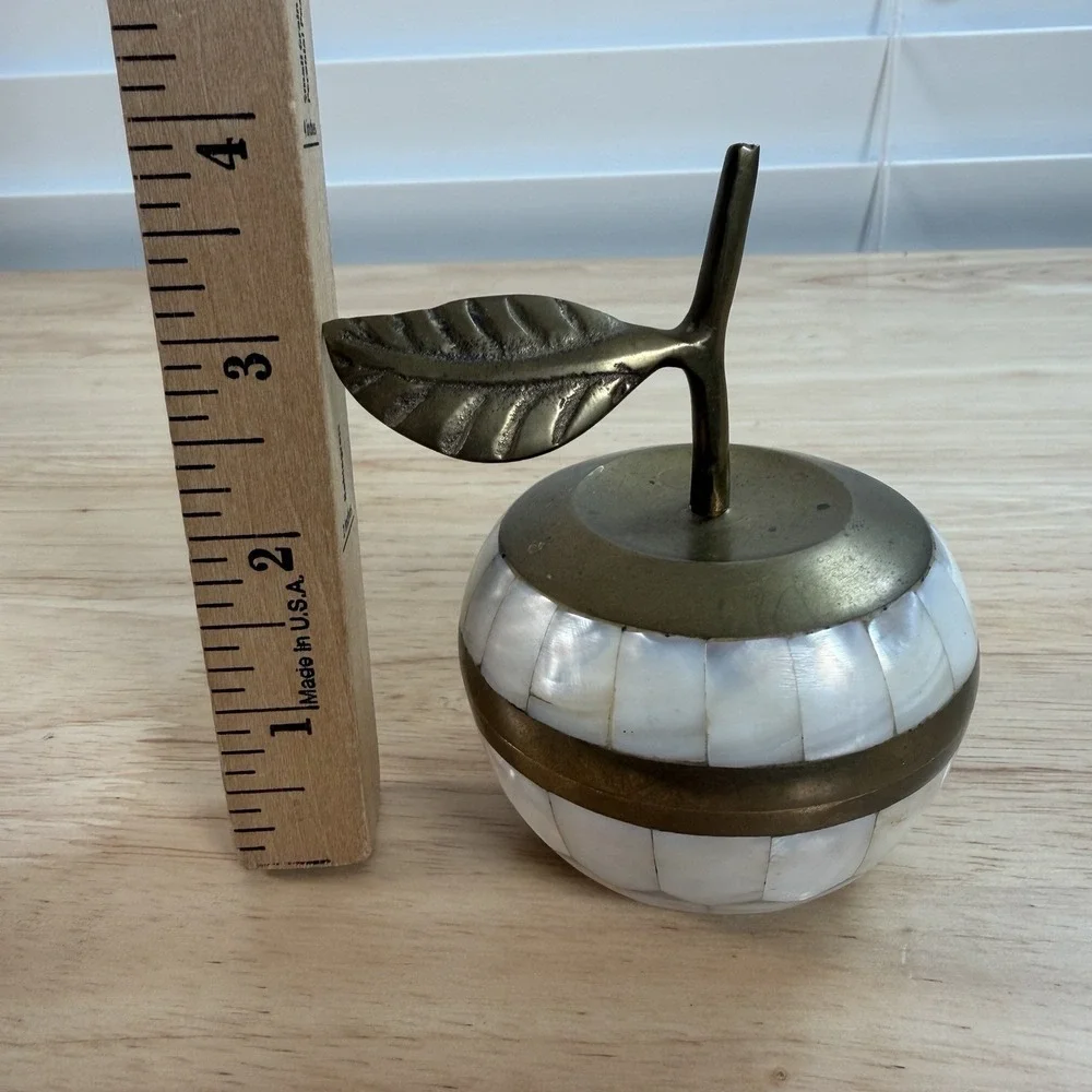 Vintage 90's Brass & Mother of Pearl Apple Shaped Trinket Box India